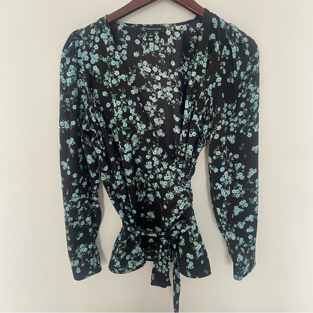 INC Tea Party Wrap Tie Blouse with Adjustable Bow Wrap Floral Flowers Dressy Top